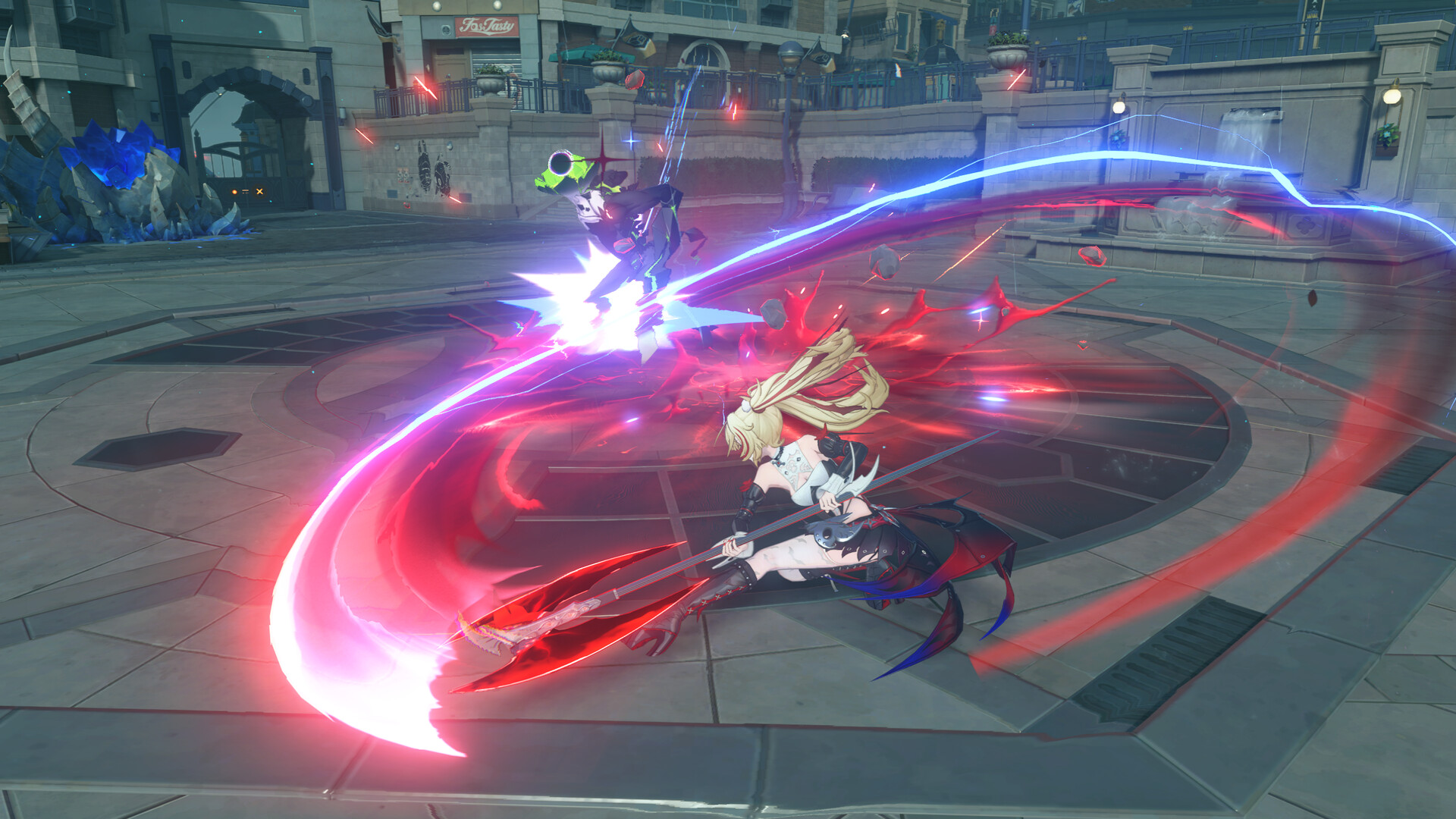 In-game combat screenshot from Zenless Zone Zero showing a character with long blonde hair wielding a bladed weapon, unleashing a dramatic red-and-white energy slash attack against an enemy in an urban plaza, with no HUD/UI overlay visible.